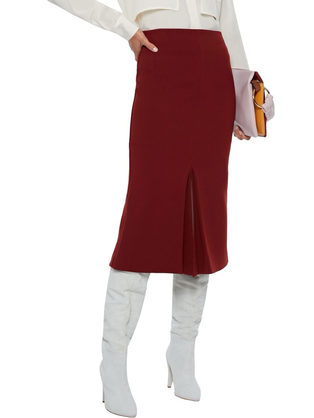 Victoria Beckham Pleated Bonded Crepe Midi Skirt in Brick Burgundy Red US 4 $930